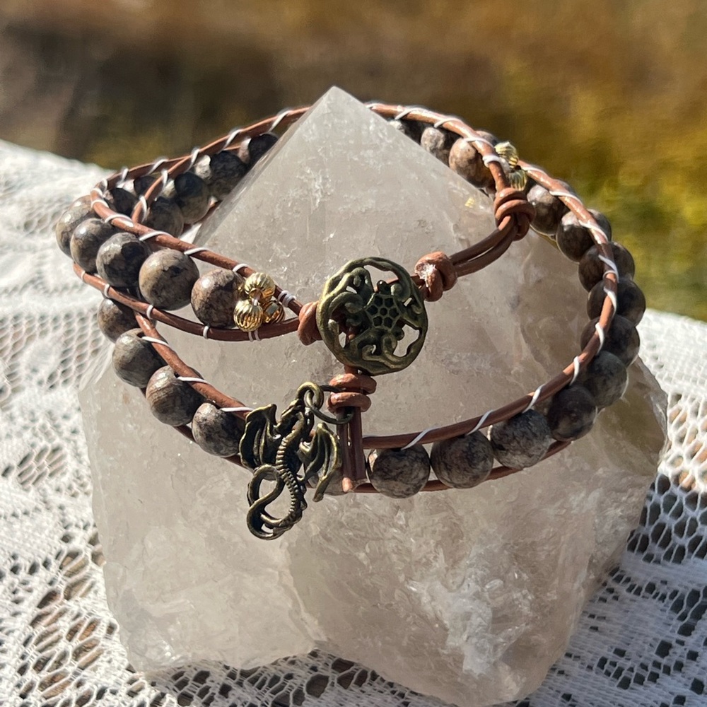 HM060 Bracelet Leather Double wrap Picture Jasper with dragon charm